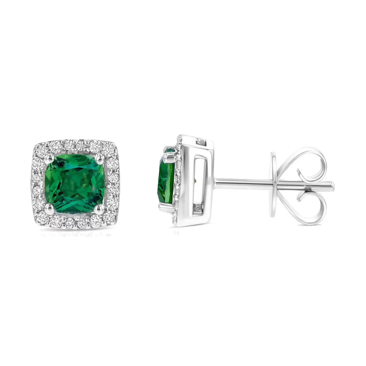 Cushion Cut Lab Emerald & 0.13ctw Diamond Stud Earrings, 14ct White Gold