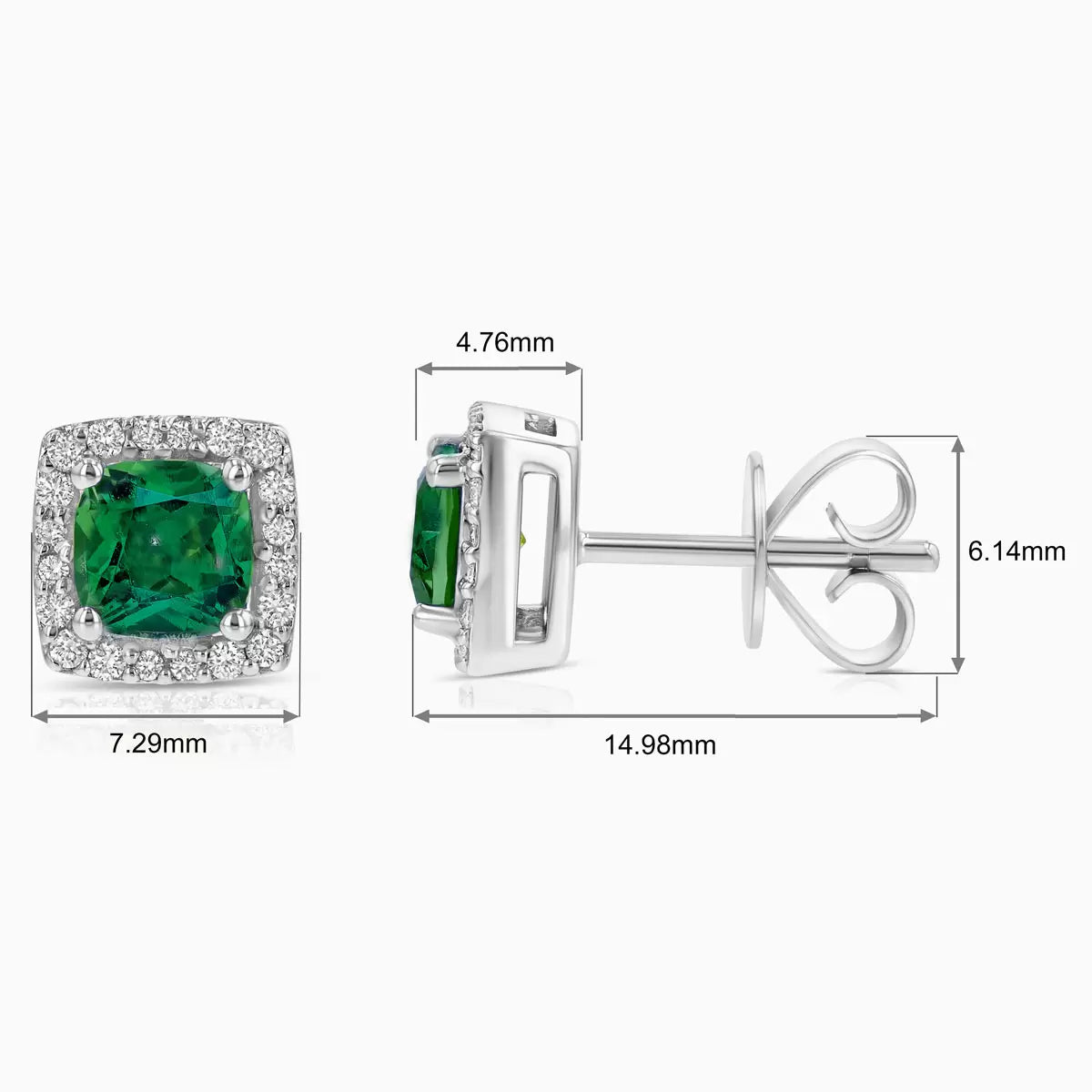 Cushion Cut Lab Emerald & 0.13ctw Diamond Stud Earrings, 14ct White Gold