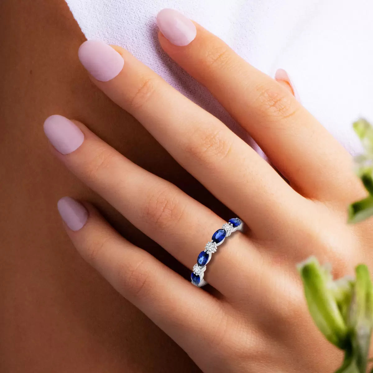Oval Cut Blue Sapphire & 0.25ctw Diamond Ring, 18ct White Gold
