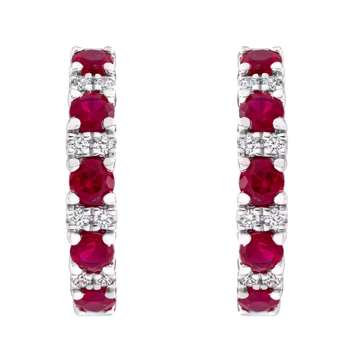 Round Cut Ruby & 0.09ctw Diamond Hoop Earrings, 14ct White Gold