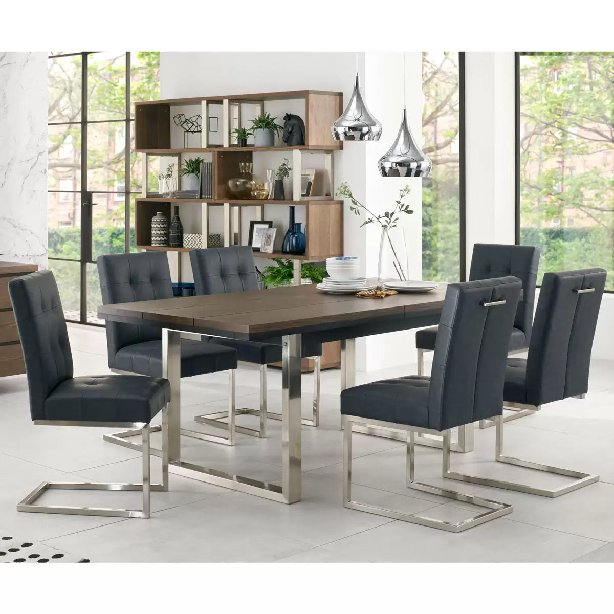 Bentley Designs Tivoli Dark Oak Extending Dining Table + 6 Black Cantilever