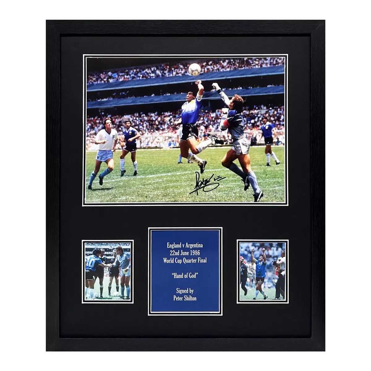 Peter Shilton Signed Framed 'Hand of God' Photograph