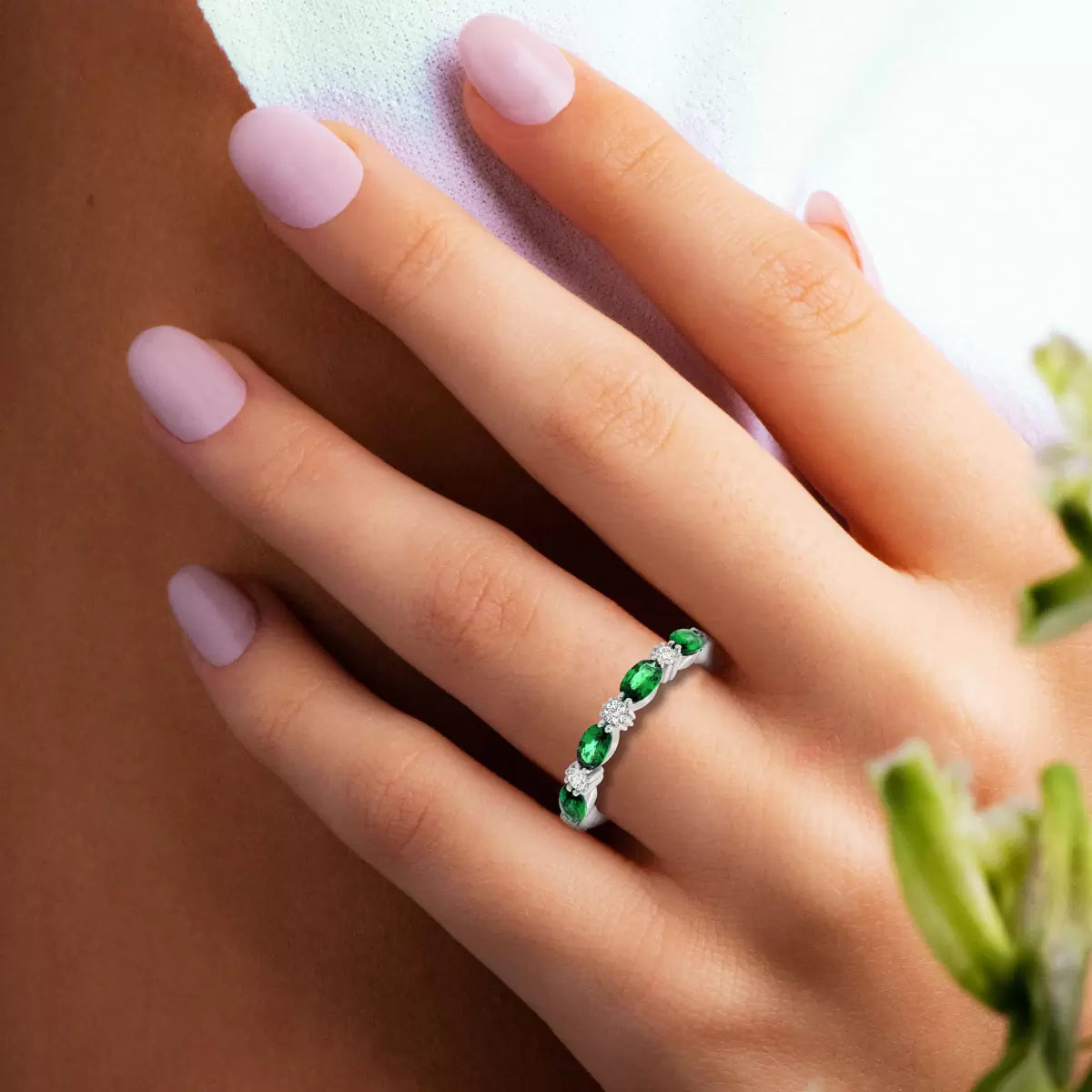 Oval Cut Lab Emerald & 0.25ctw Diamond Ring, 18ct White Gold