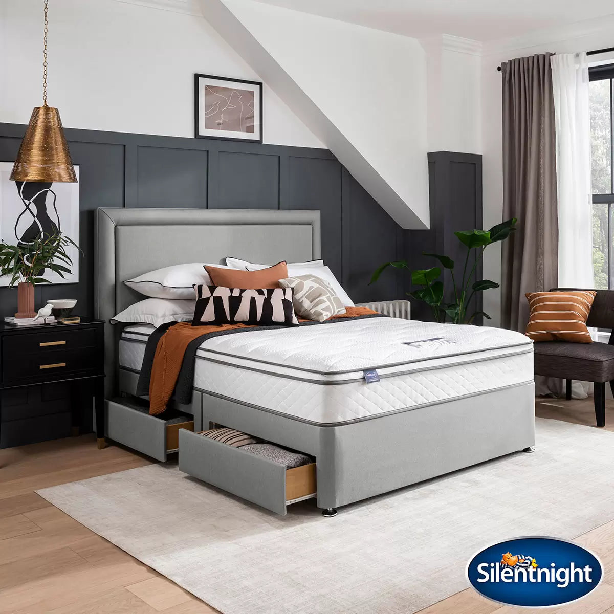 Silentnight 1200 Pocket Memory Cushion Top Mattress & Slate Grey Divan in 4