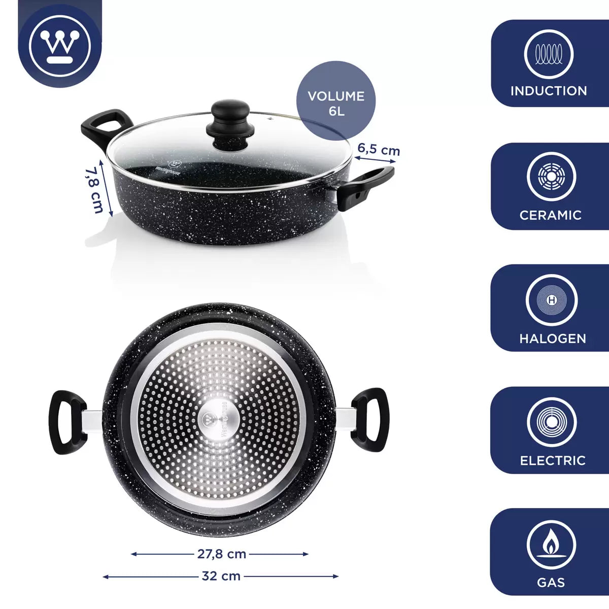 Westinghouse Low Non-Stick Casserole with Lid, 32cm