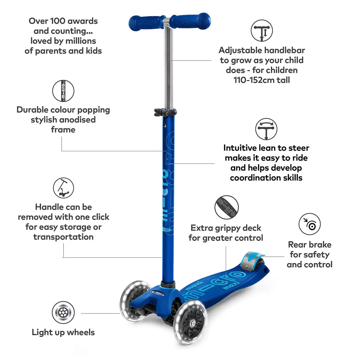 Micro Maxi Deluxe LED Navy Scooter with Blue Helmet and Vehicle Lunch Bag (5+
