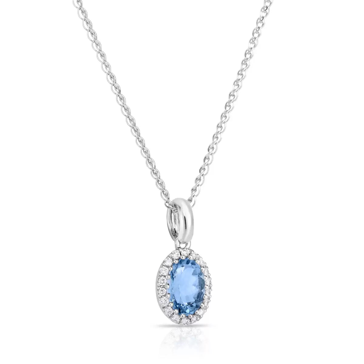 Oval Cut Aquamarine & 0.09ctw Diamond Necklace, 14ct White Gold