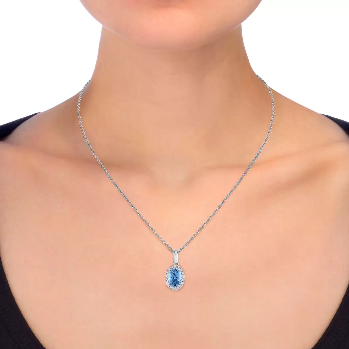 Oval Cut Aquamarine & 0.09ctw Diamond Necklace, 14ct White Gold