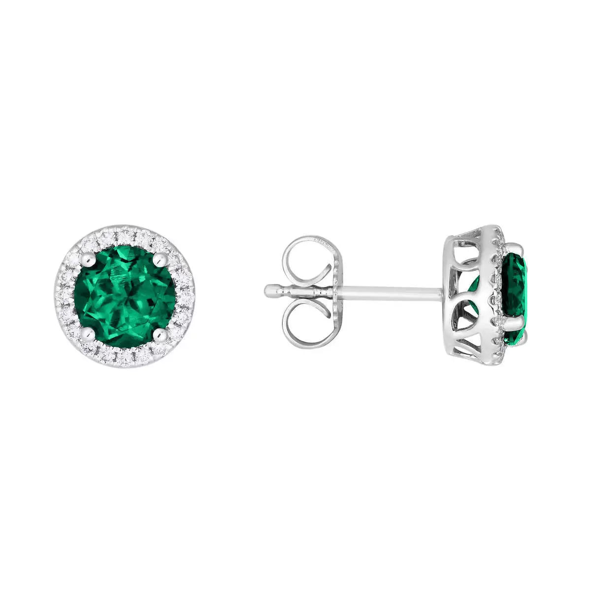 Round Cut Lab Emerald & 0.19ctw Diamond Earrings, 14ct White Gold