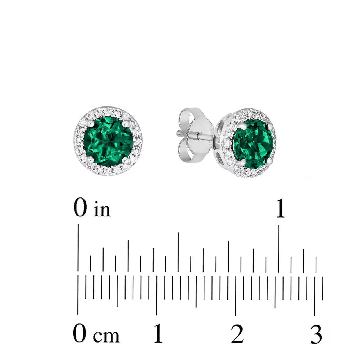 Round Cut Lab Emerald & 0.19ctw Diamond Earrings, 14ct White Gold