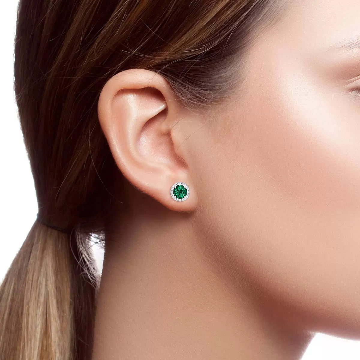 Round Cut Lab Emerald & 0.19ctw Diamond Earrings, 14ct White Gold