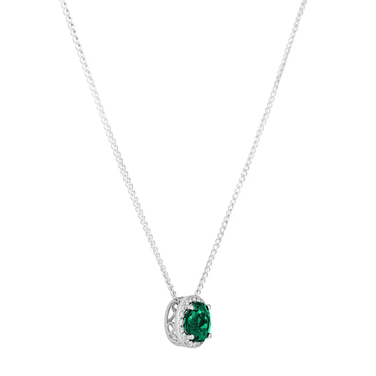 Round Cut Lab Emerald & 0.16ctw Diamond Necklace, 14ct White Gold