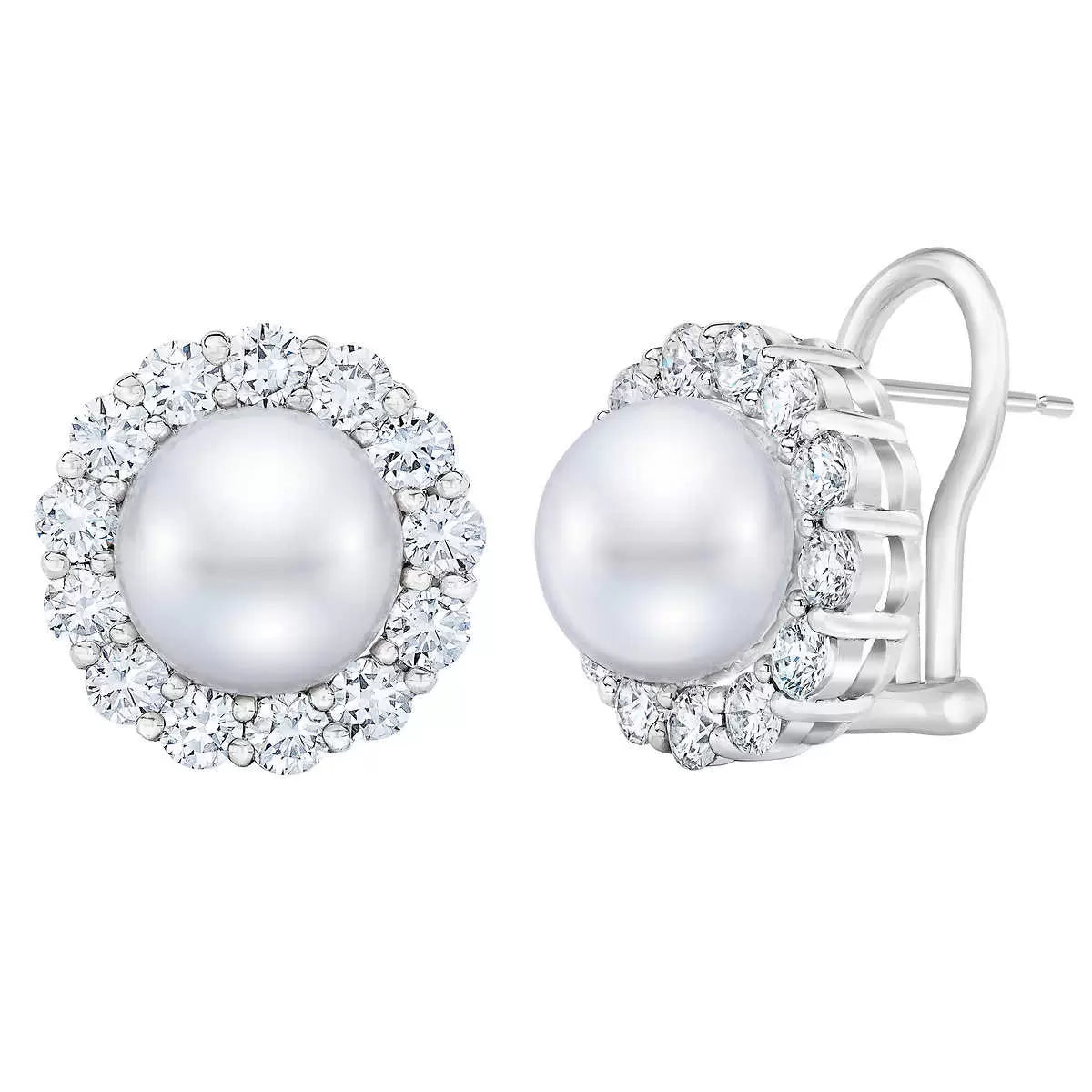 9-10mm Cultured Freshwater White Pearl & 1.95ctw Diamond Earrings, 14ct White
