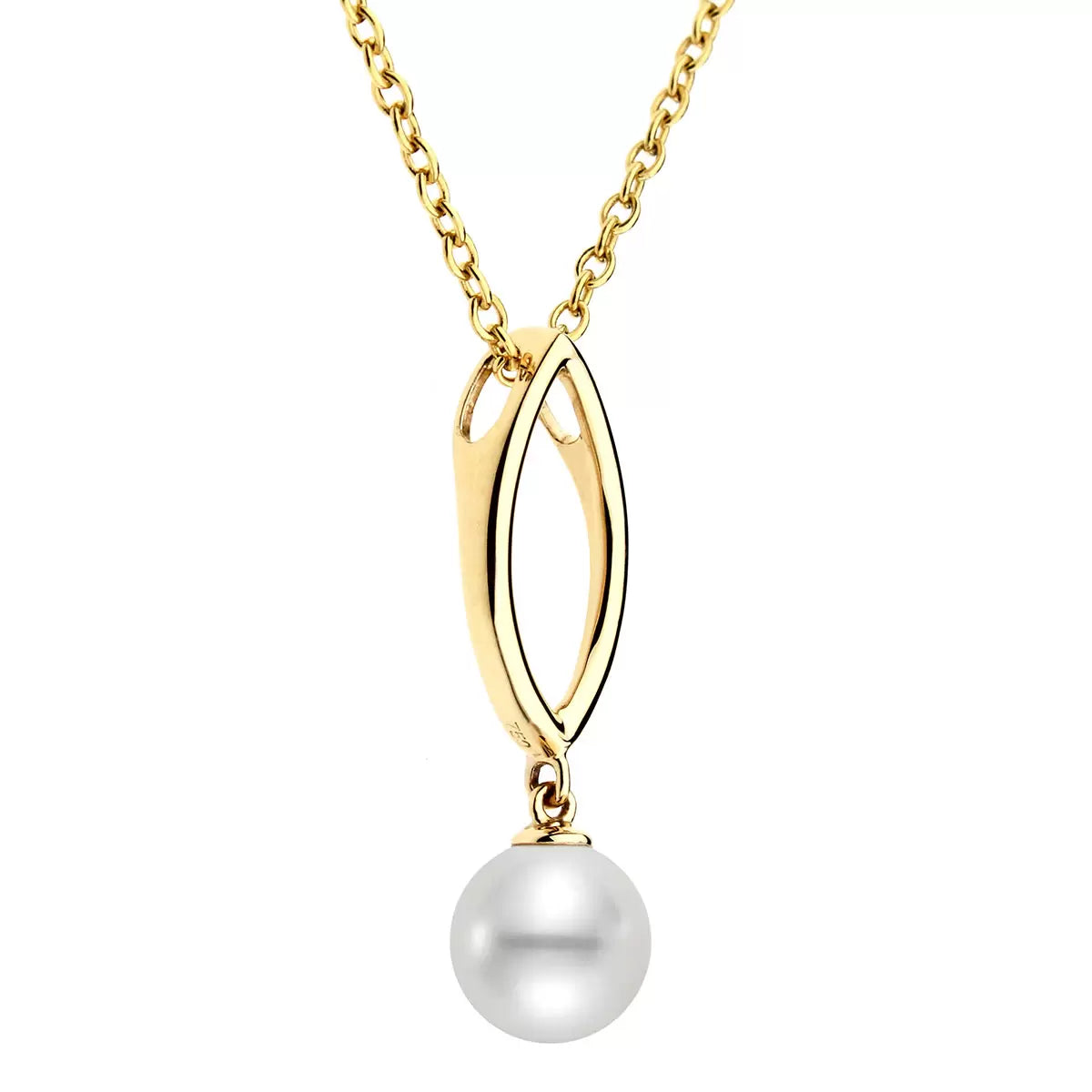 7-7.5mm Cultured Freshwater White Pearl Marquise Drop Pendant, 18ct Yellow Gold