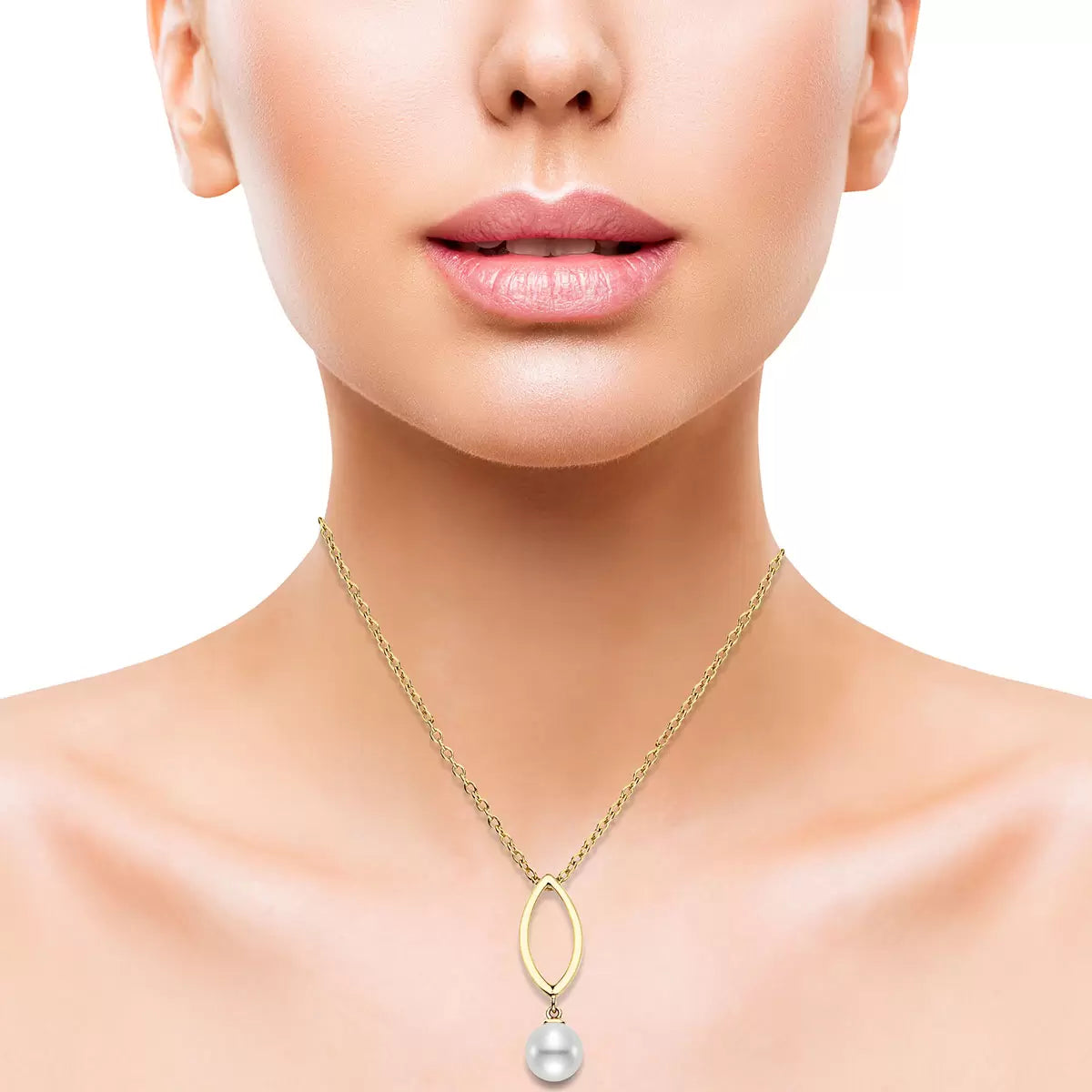 7-7.5mm Cultured Freshwater White Pearl Marquise Drop Pendant, 18ct Yellow Gold