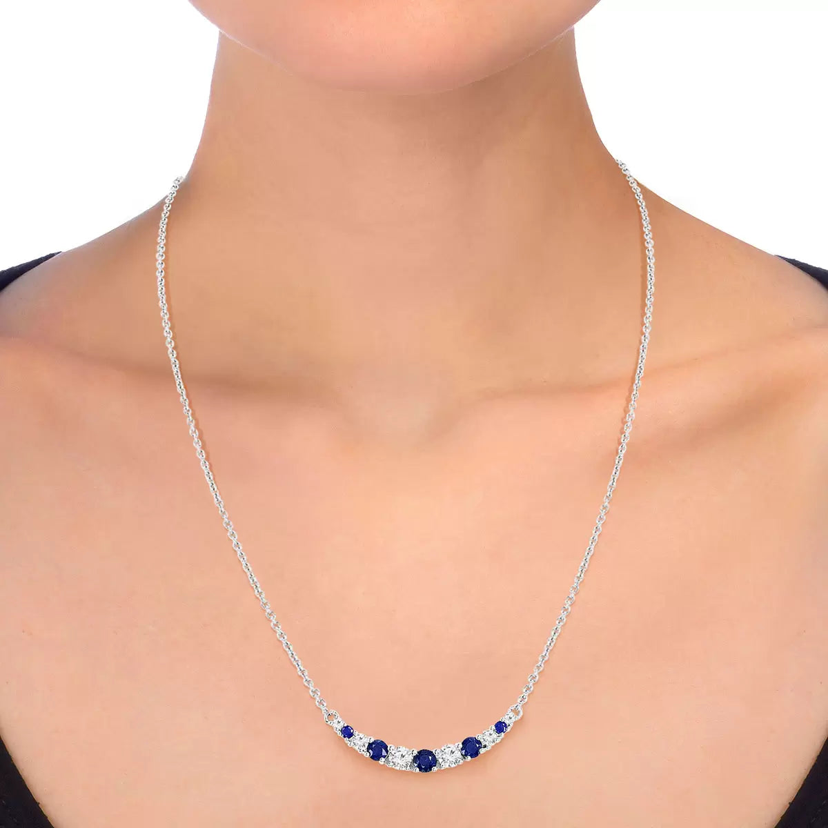 Round Cut Blue Sapphire & 0.37ctw Diamond Necklace, 14ct White Gold