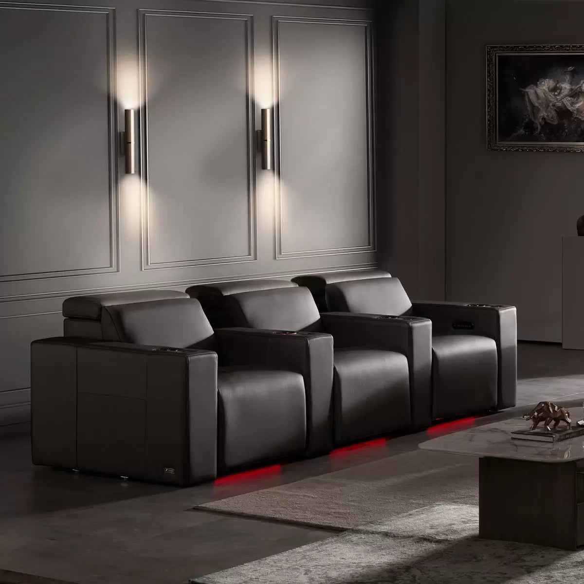 Valencia Barcelona Row of 3 Black Leather Power Reclining Home Theatre Seating