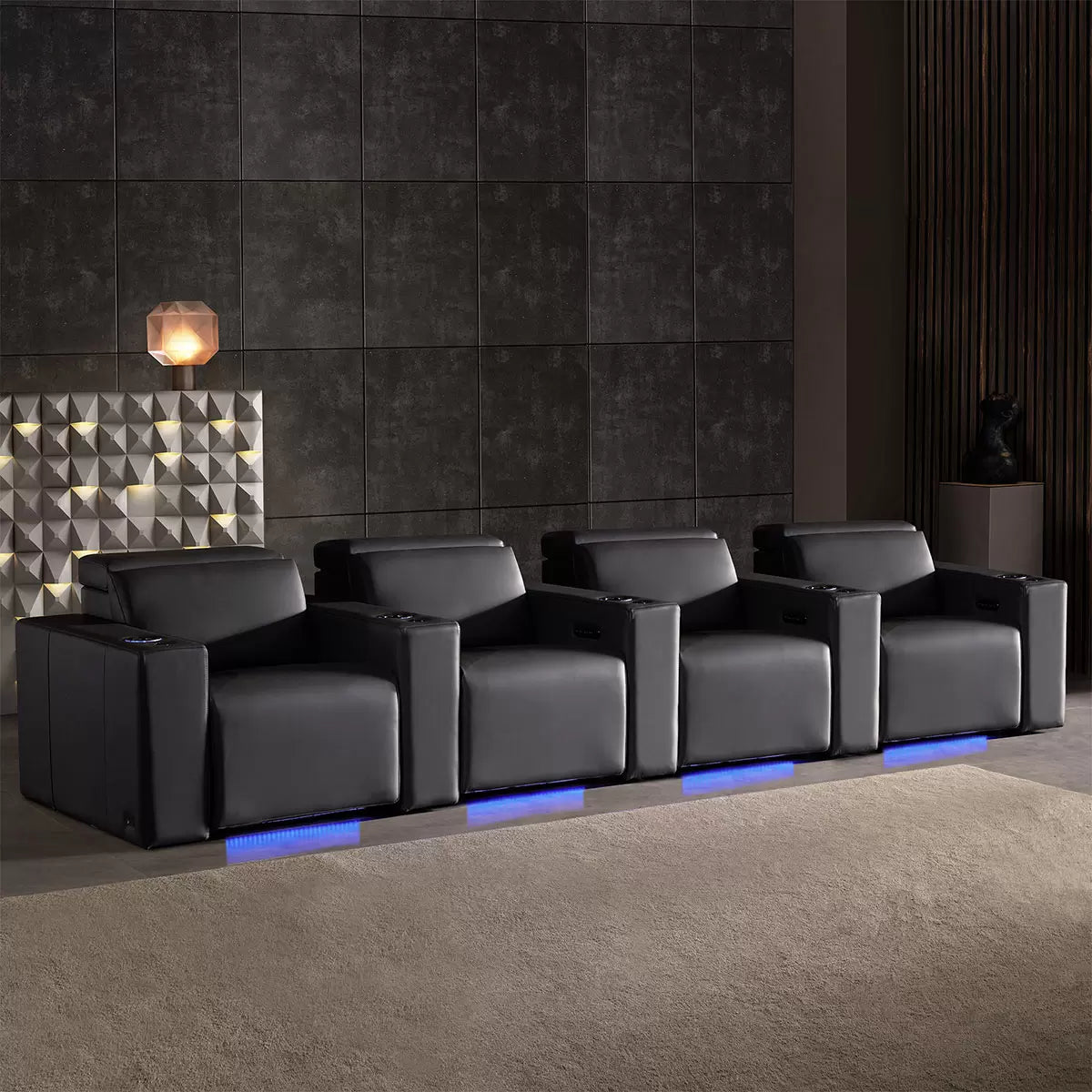 Valencia Barcelona Row of 4 Black Leather Power Reclining Home Theatre Seating