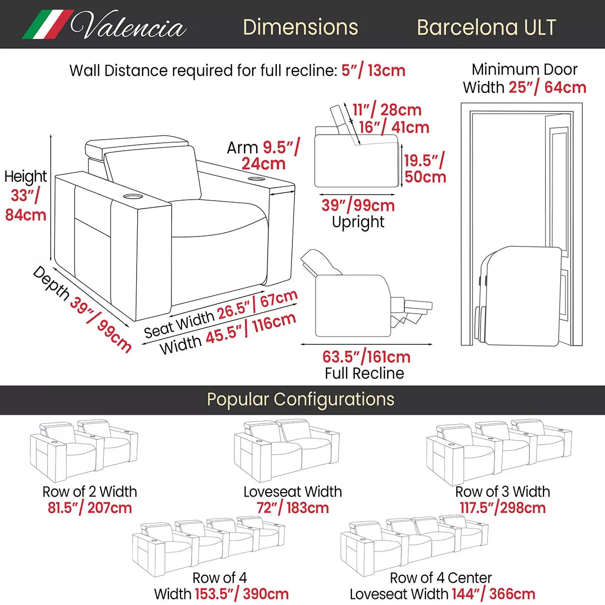 Valencia Barcelona Row of 5 Black Leather Power Reclining Home Theatre Seating