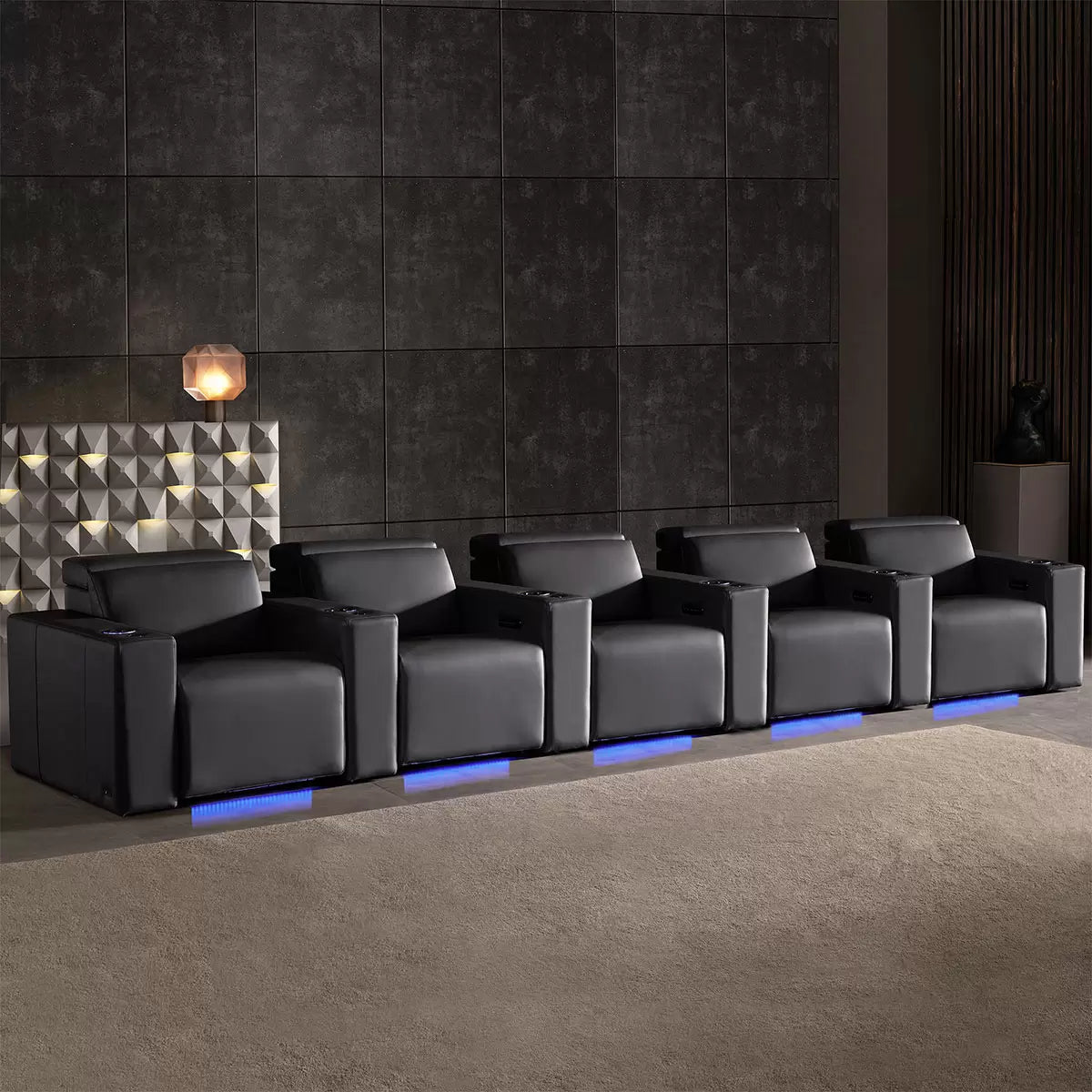 Valencia Barcelona Row of 5 Black Leather Power Reclining Home Theatre Seating