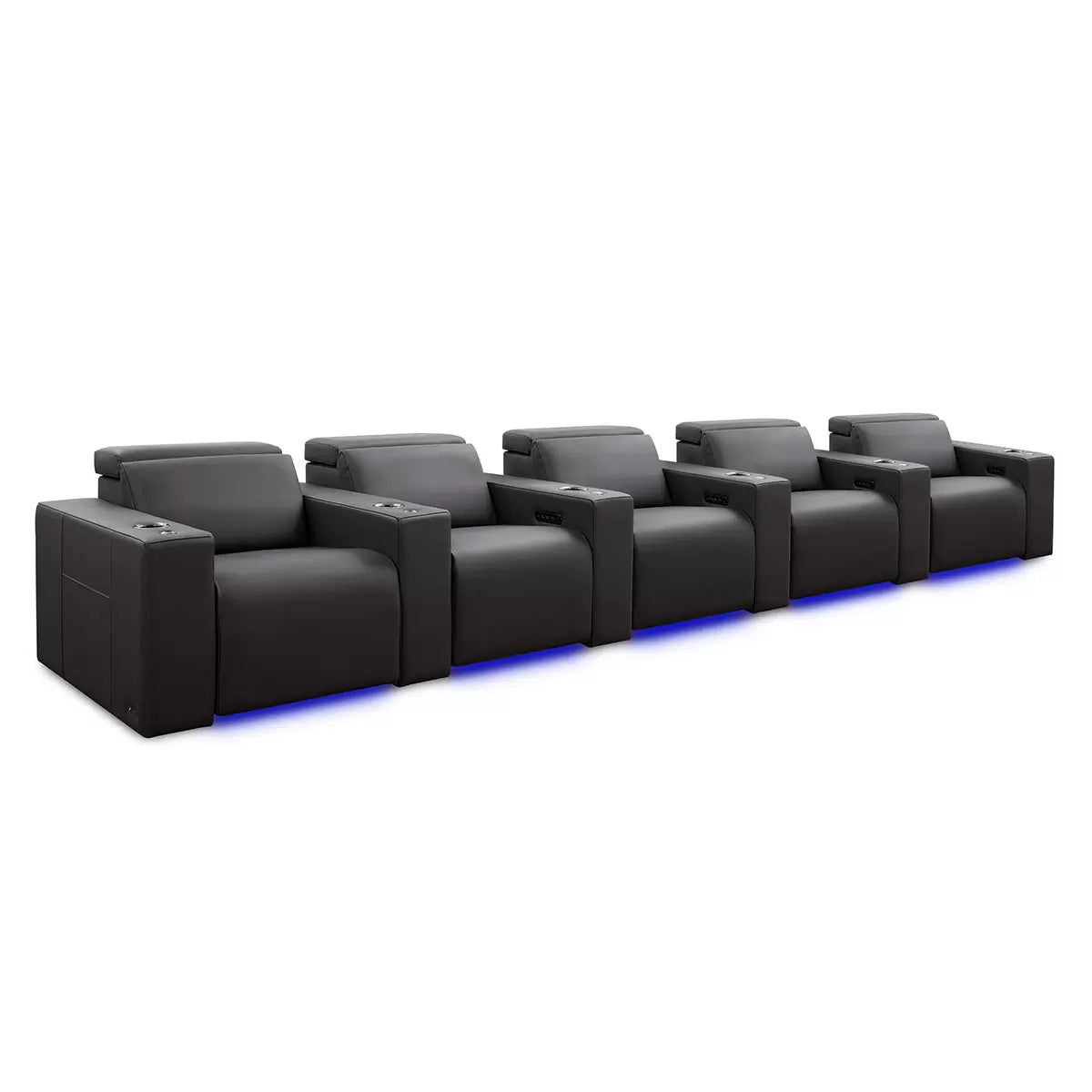Valencia Barcelona Row of 5 Black Leather Power Reclining Home Theatre Seating