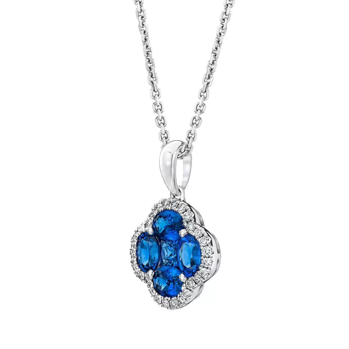 Oval & Princess Cut Blue Sapphire & 0.13ctw Diamond Clover Pendant, 14ct White