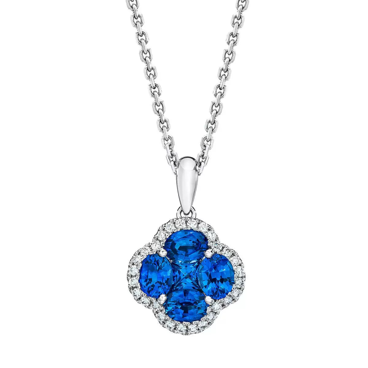 Oval & Princess Cut Blue Sapphire & 0.13ctw Diamond Clover Pendant, 14ct White
