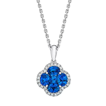 Oval & Princess Cut Blue Sapphire & 0.13ctw Diamond Clover Pendant, 14ct White