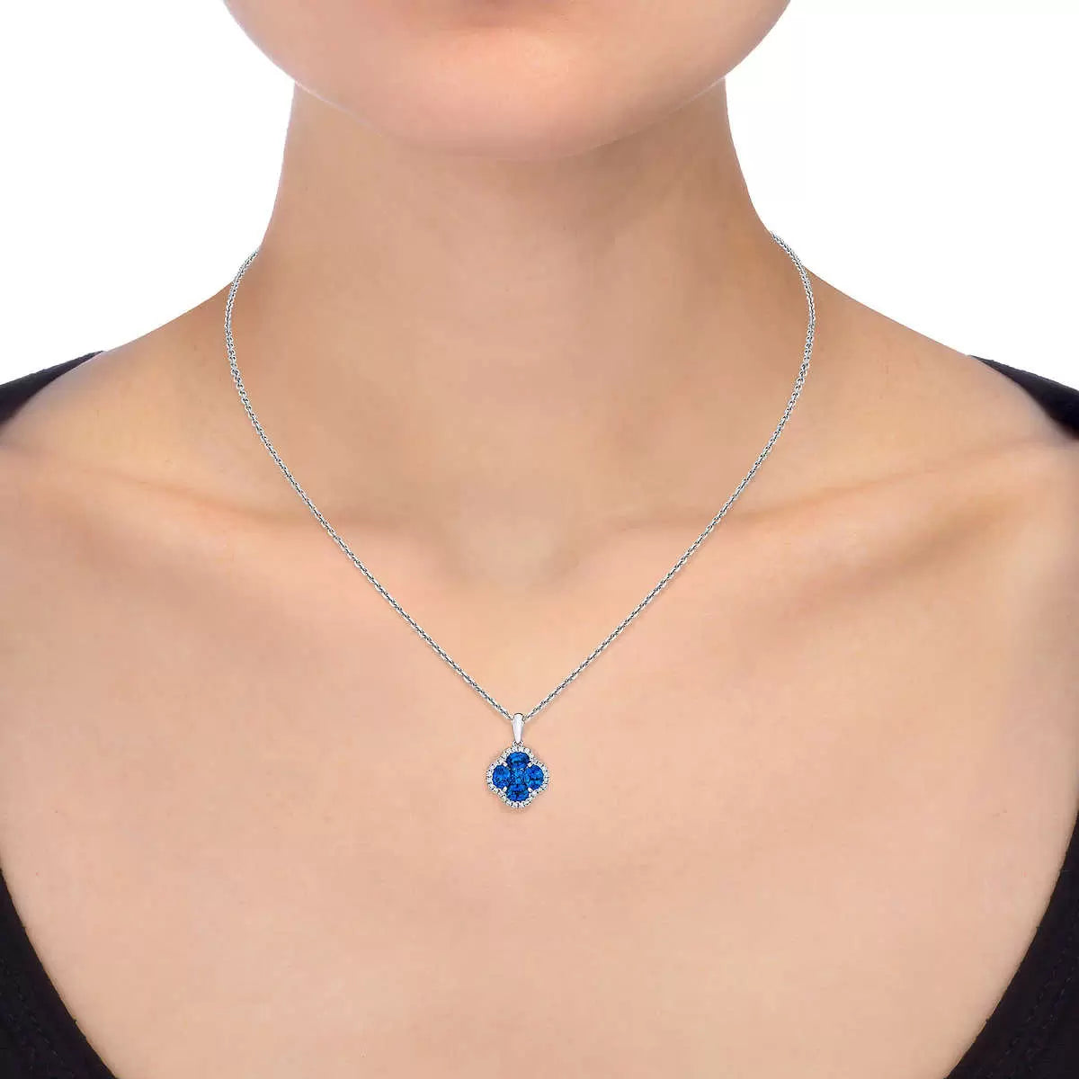Oval & Princess Cut Blue Sapphire & 0.13ctw Diamond Clover Pendant, 14ct White