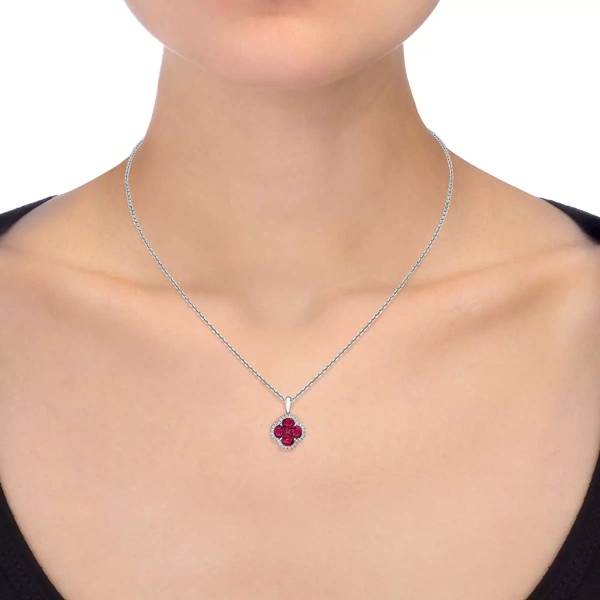 Oval & Princess Cut Ruby & 0.13ctw Diamond Clover Pendant, 14ct White Gold
