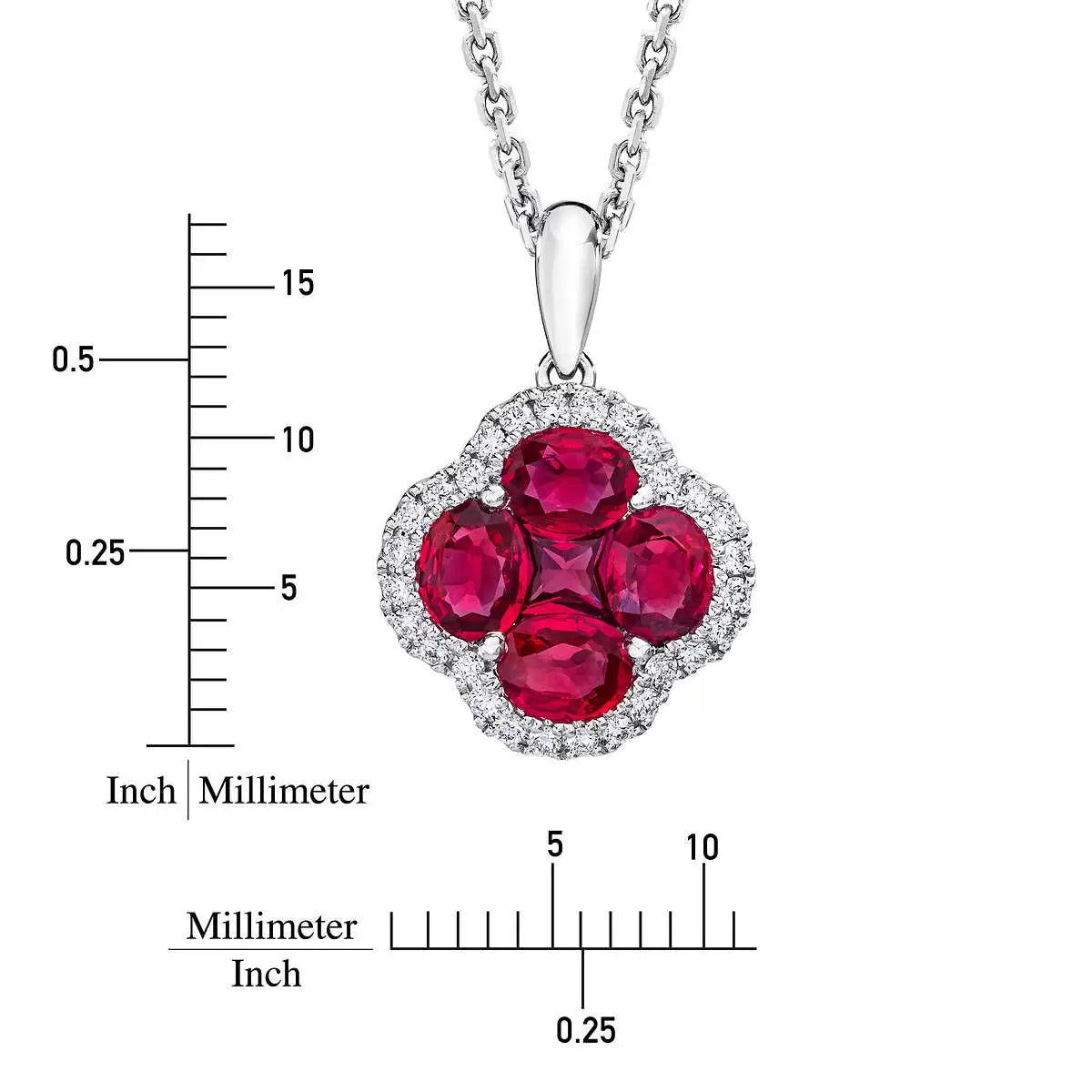 Oval & Princess Cut Ruby & 0.13ctw Diamond Clover Pendant, 14ct White Gold