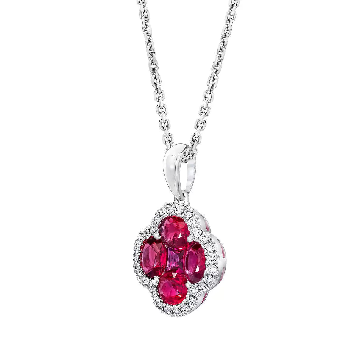 Oval & Princess Cut Ruby & 0.13ctw Diamond Clover Pendant, 14ct White Gold