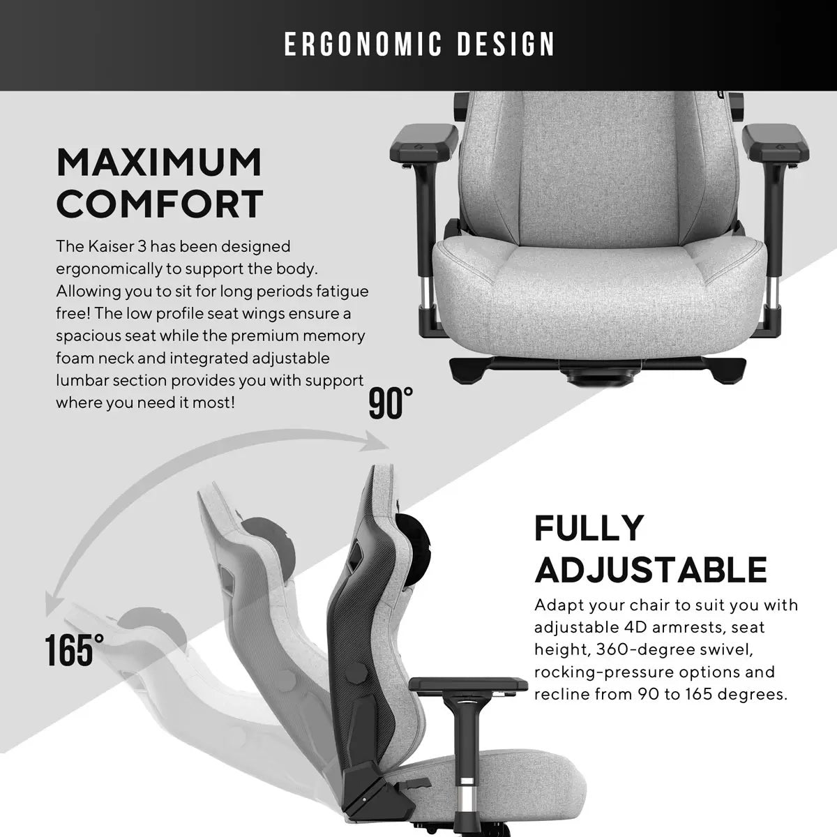 anda seaT Kaiser Series 3 Large Fabric Gaming Chair, Grey, view 4