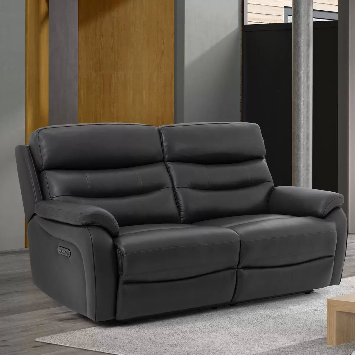Fletcher Dark Grey Leather Power Reclining Large 2 Seater Sofa with Power
