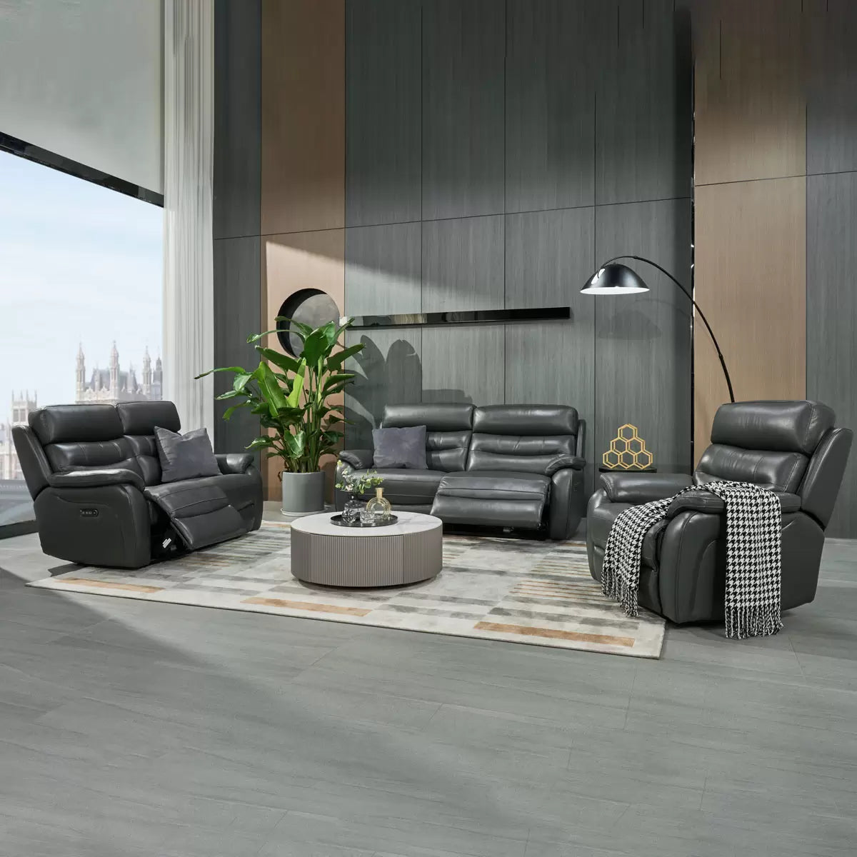Fletcher Dark Grey Leather Power Reclining Large 2 Seater Sofa with Power