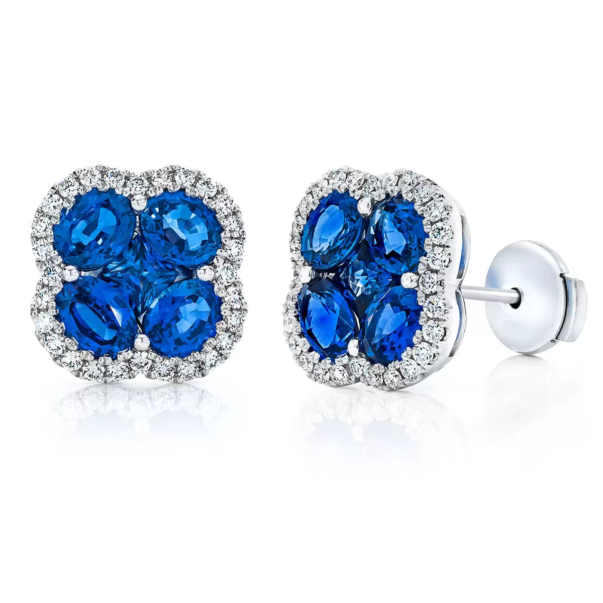 Oval & Princess Cut Blue Sapphire & 0.27ctw Diamond Clover Stud Earrings, 14ct