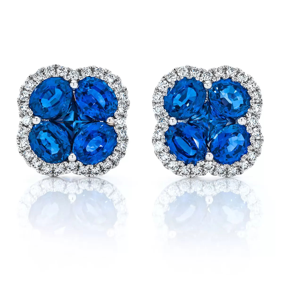Oval & Princess Cut Blue Sapphire & 0.27ctw Diamond Clover Stud Earrings, 14ct