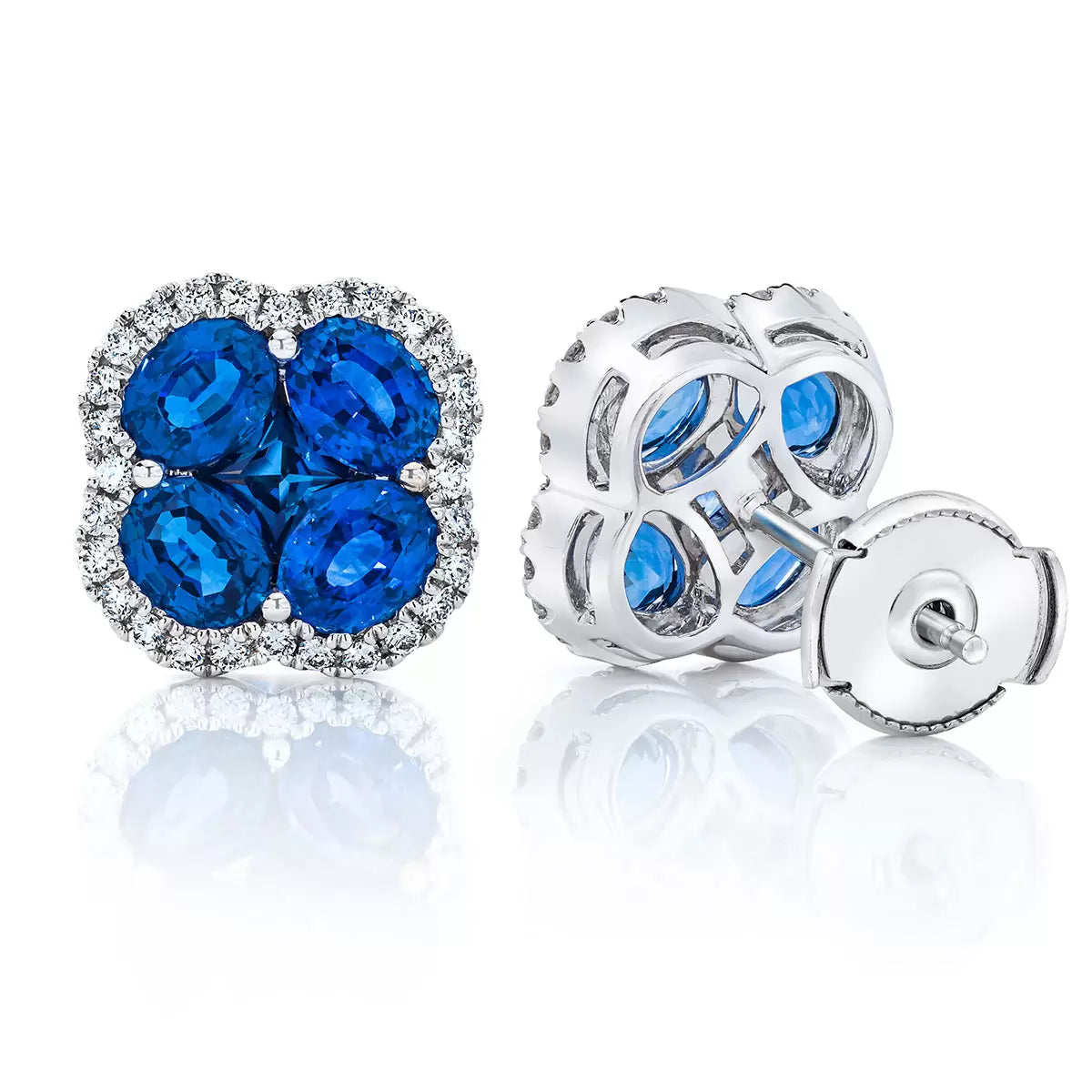 Oval & Princess Cut Blue Sapphire & 0.27ctw Diamond Clover Stud Earrings, 14ct