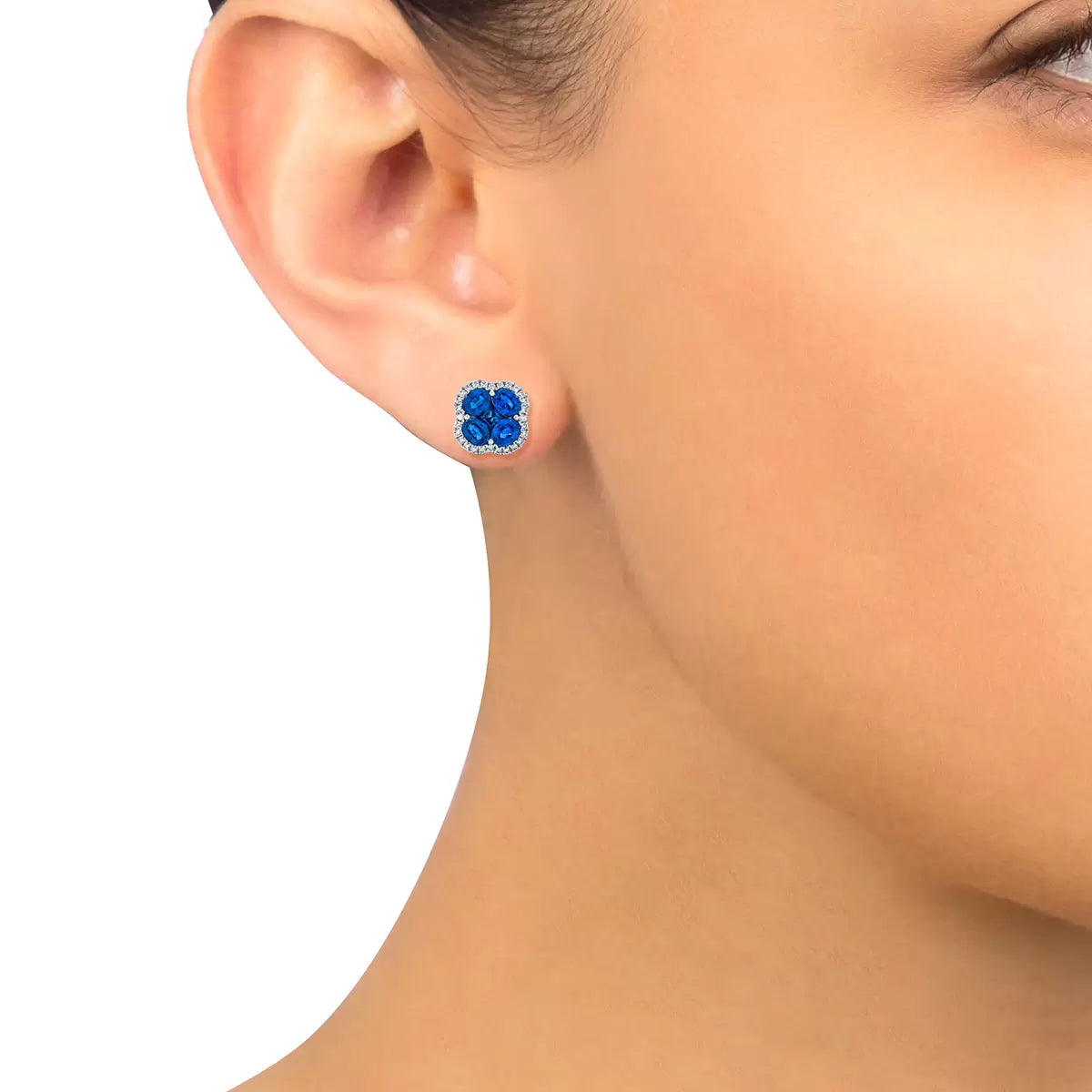 Oval & Princess Cut Blue Sapphire & 0.27ctw Diamond Clover Stud Earrings, 14ct