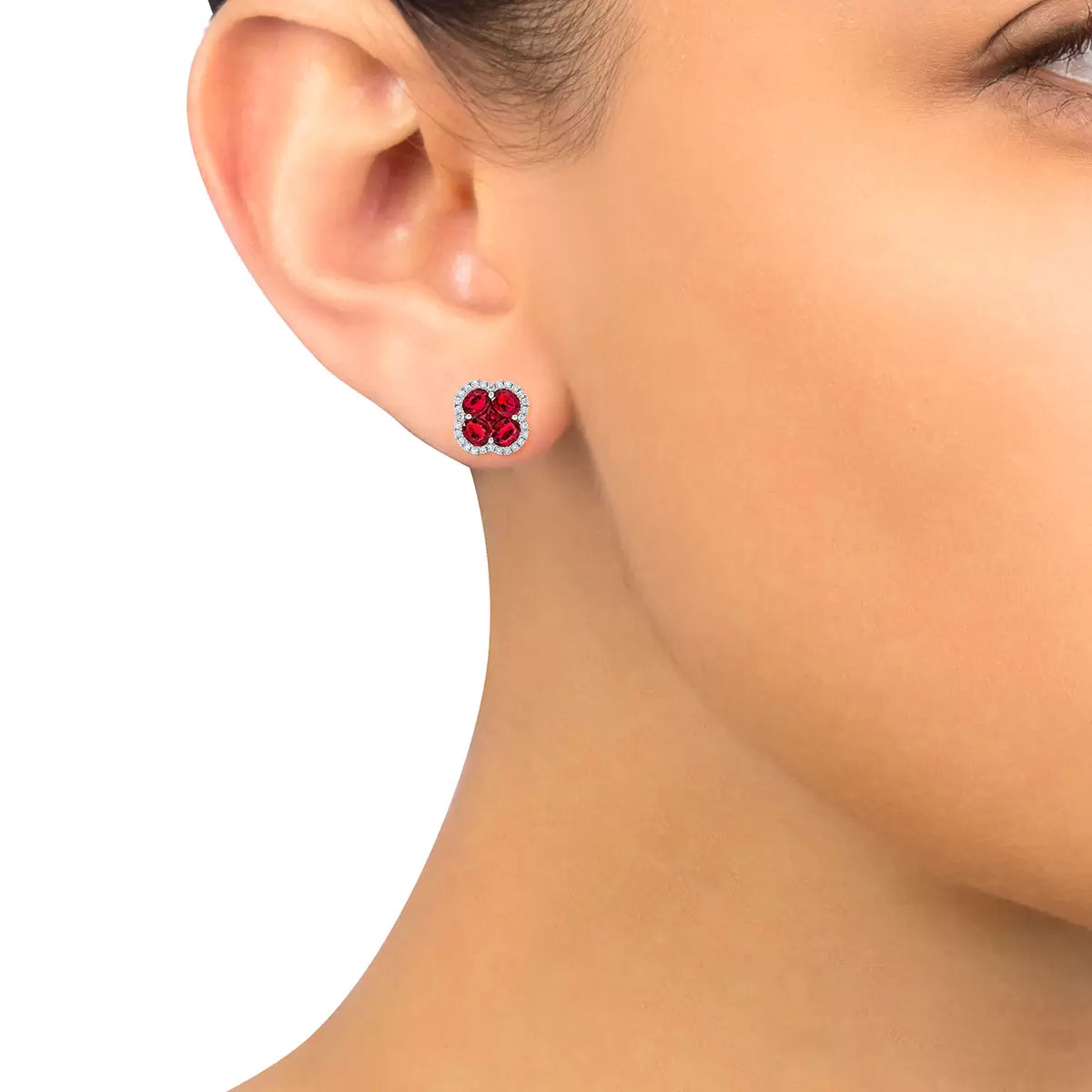 Oval & Princess Cut Ruby & 0.27ctw Diamond Clover Stud Earrings, 14ct White Gold