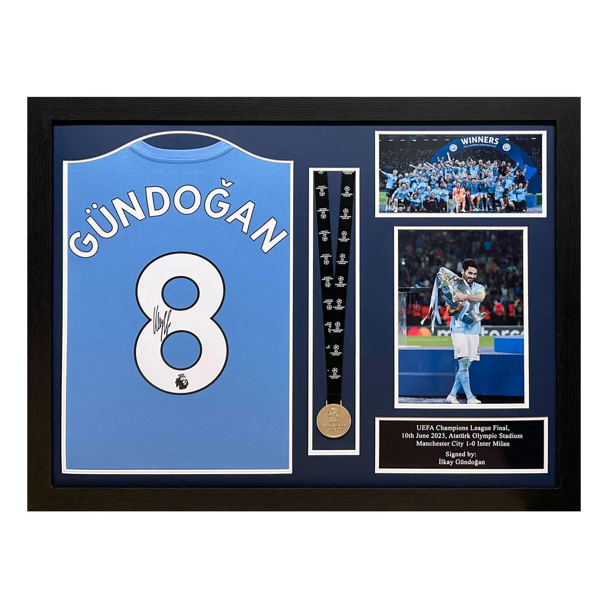 Gundogan Signed Framed Manchester City Football Shirt & Champions League Medal