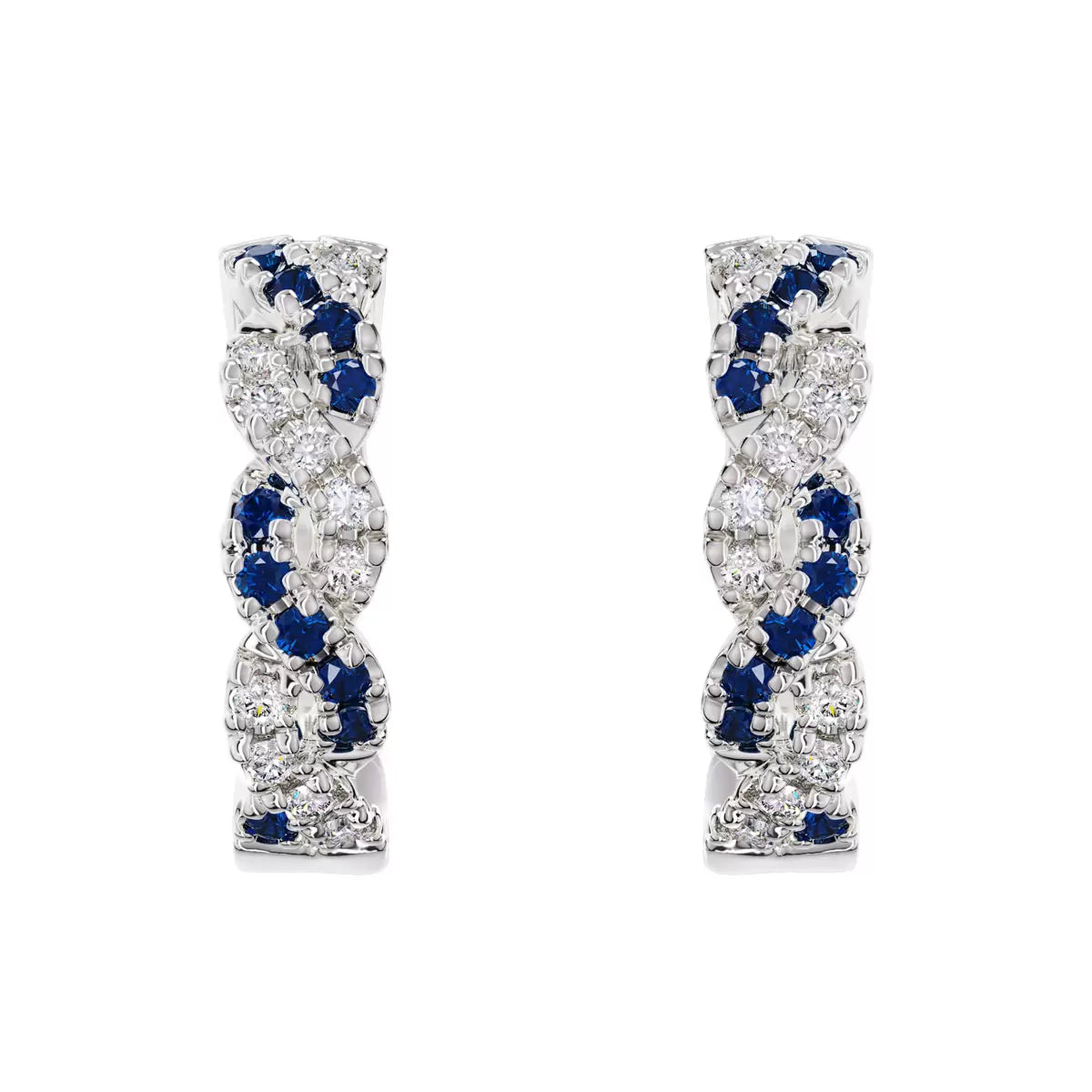 Round Cut Blue Sapphire & 0.18ctw Diamond Hoop Earrings, 14ct White Gold
