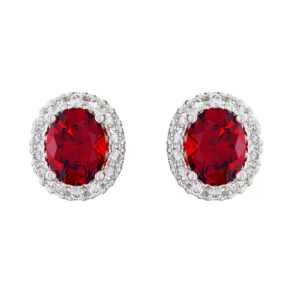 Oval Cut Ruby & 0.16ctw Diamond Halo Earrings, 14ct White Gold