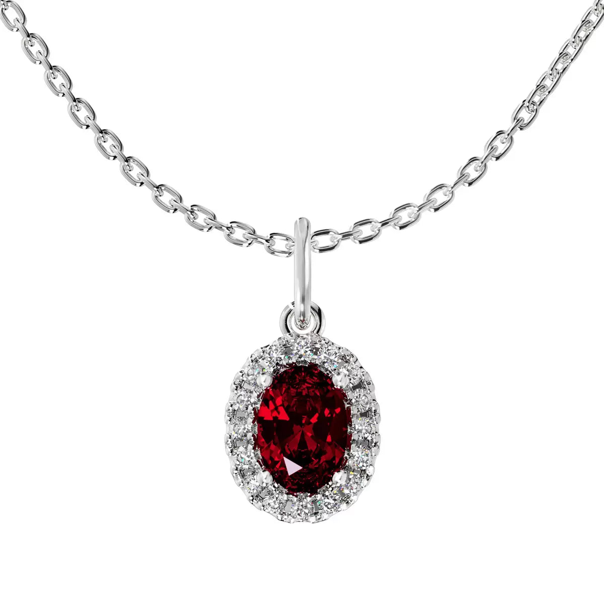 Oval Cut Ruby & 0.10ctw Diamond Halo Pendant, 14ct White Gold