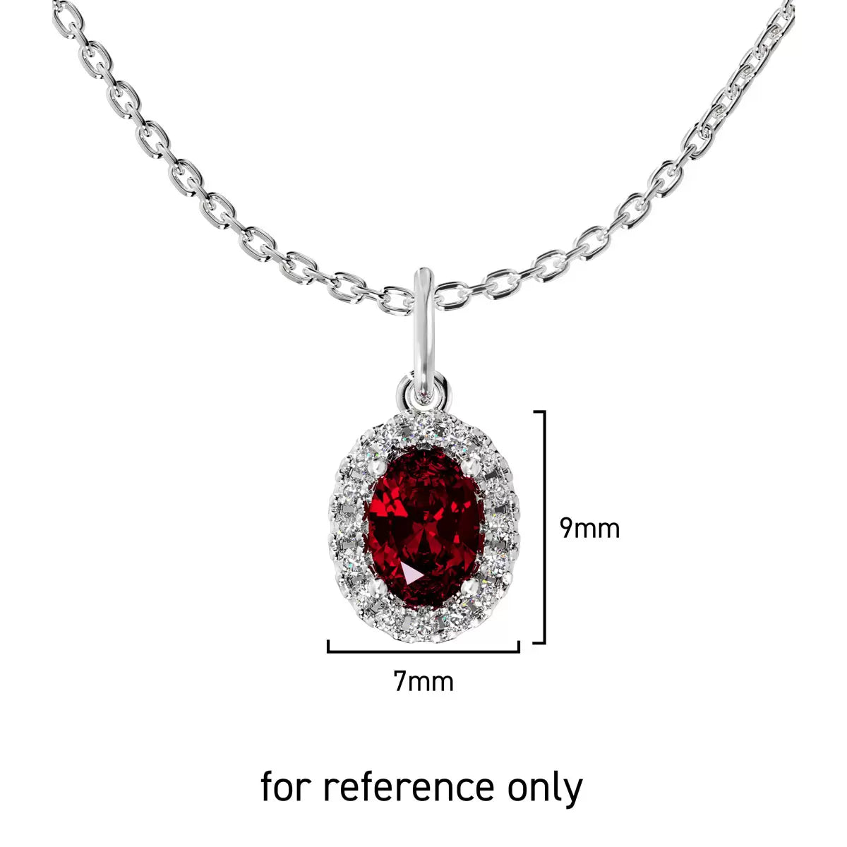 Oval Cut Ruby & 0.10ctw Diamond Halo Pendant, 14ct White Gold