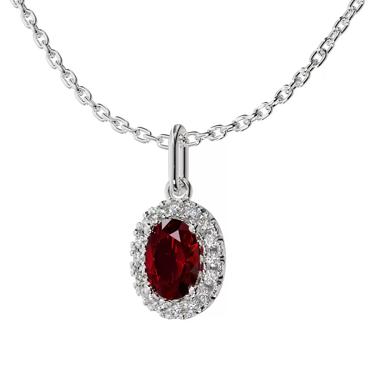 Oval Cut Ruby & 0.10ctw Diamond Halo Pendant, 14ct White Gold