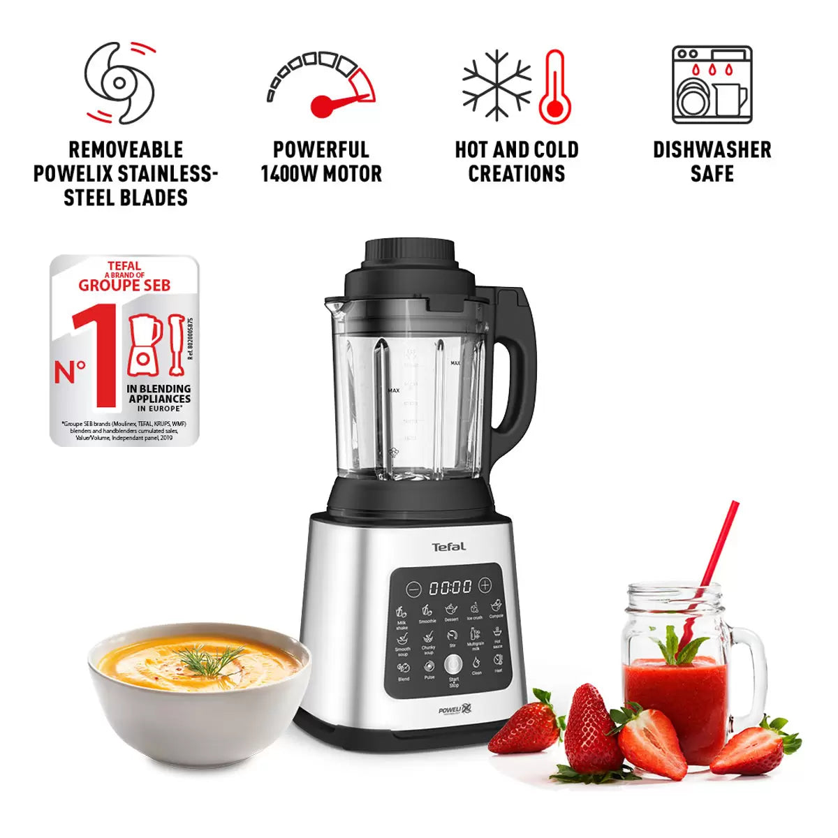 Tefal PerfectMix 2-in-1 Blender & Soup Maker with Removable Blades & Steaming