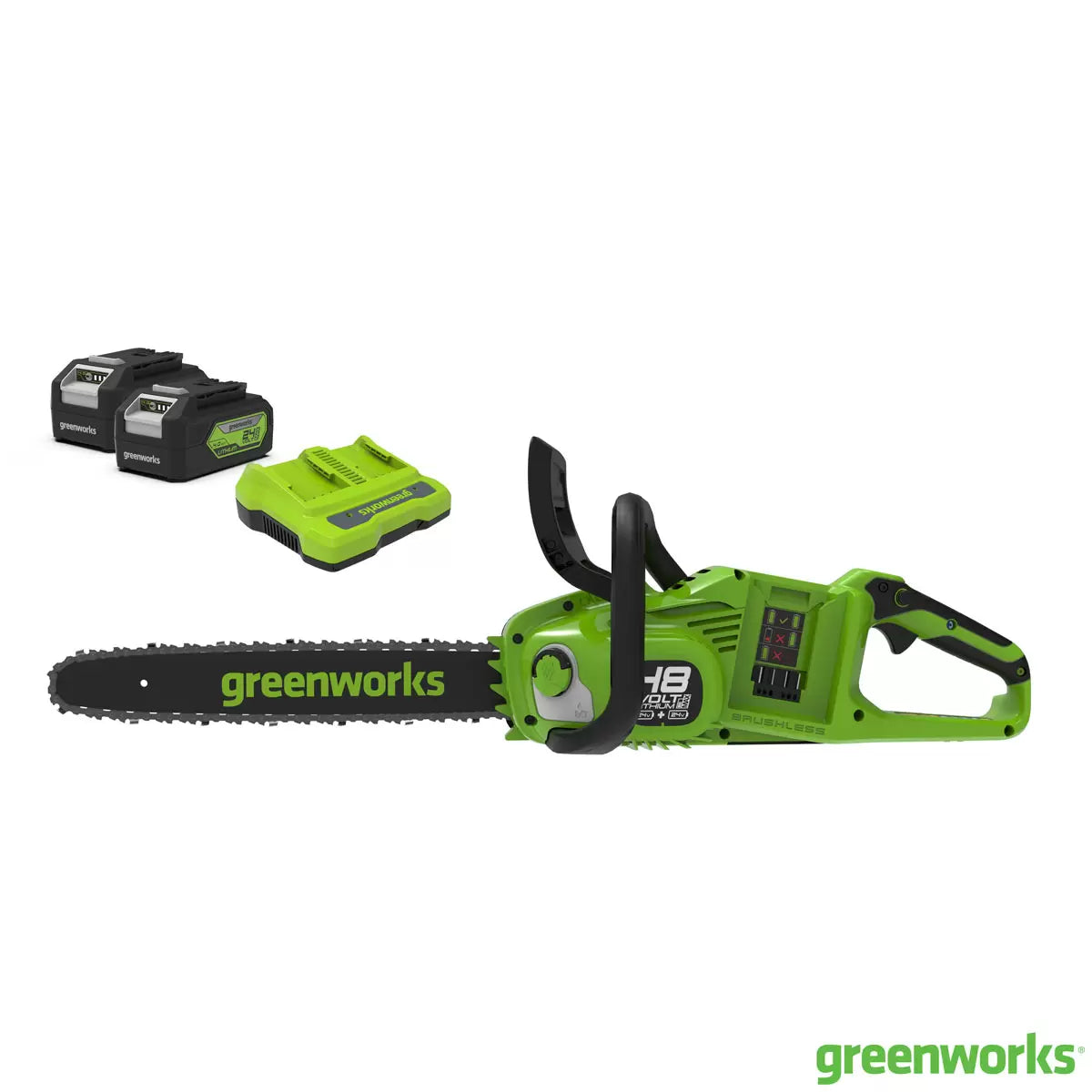 Greenworks 48V 36cm Cordless Brushless Chainsaw + 2 x 24V (4Ah) Battery & 2Ah