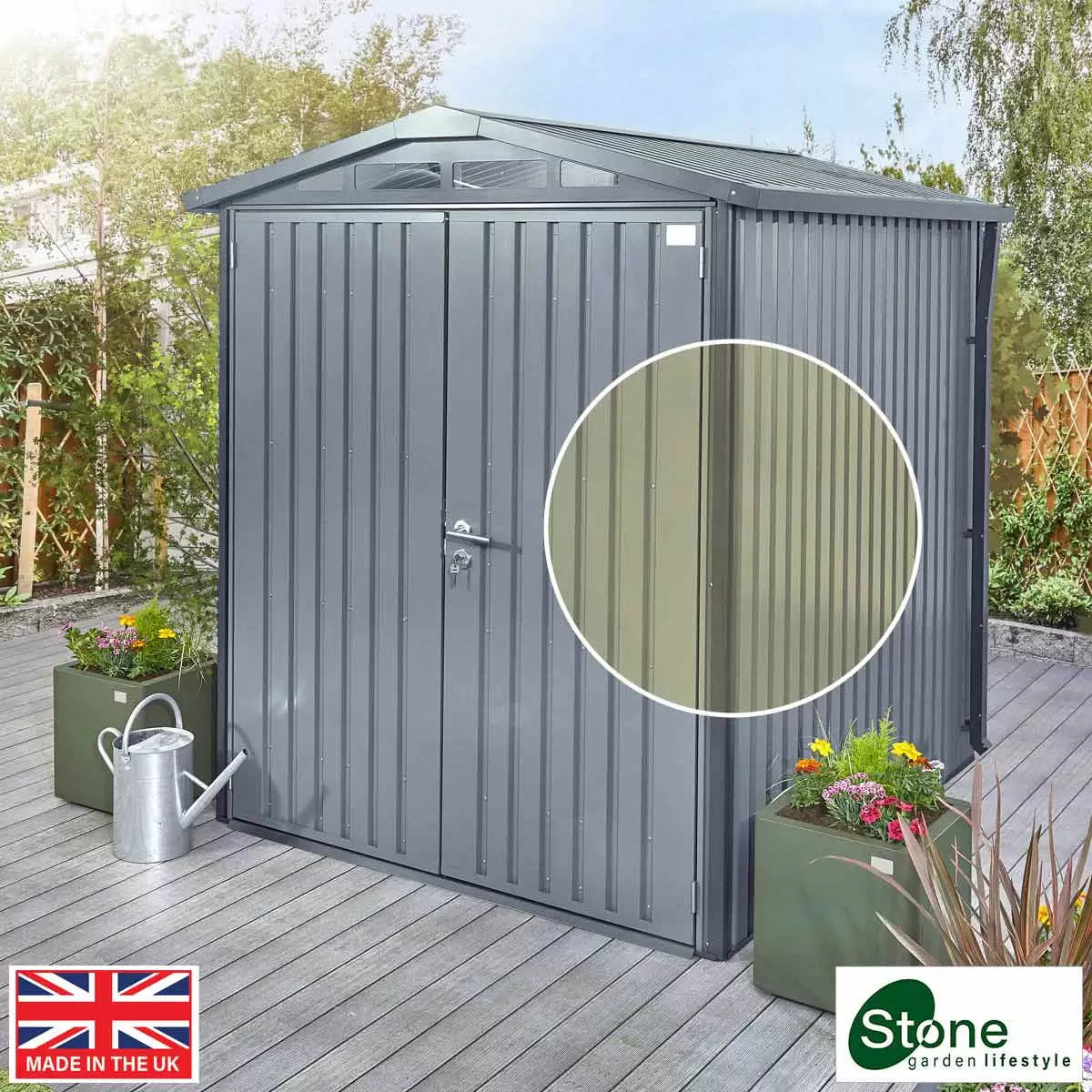 Stone Garden 6ft 2" x 7ft 10" (1.89 x 2.4m) Apex Steel Shed