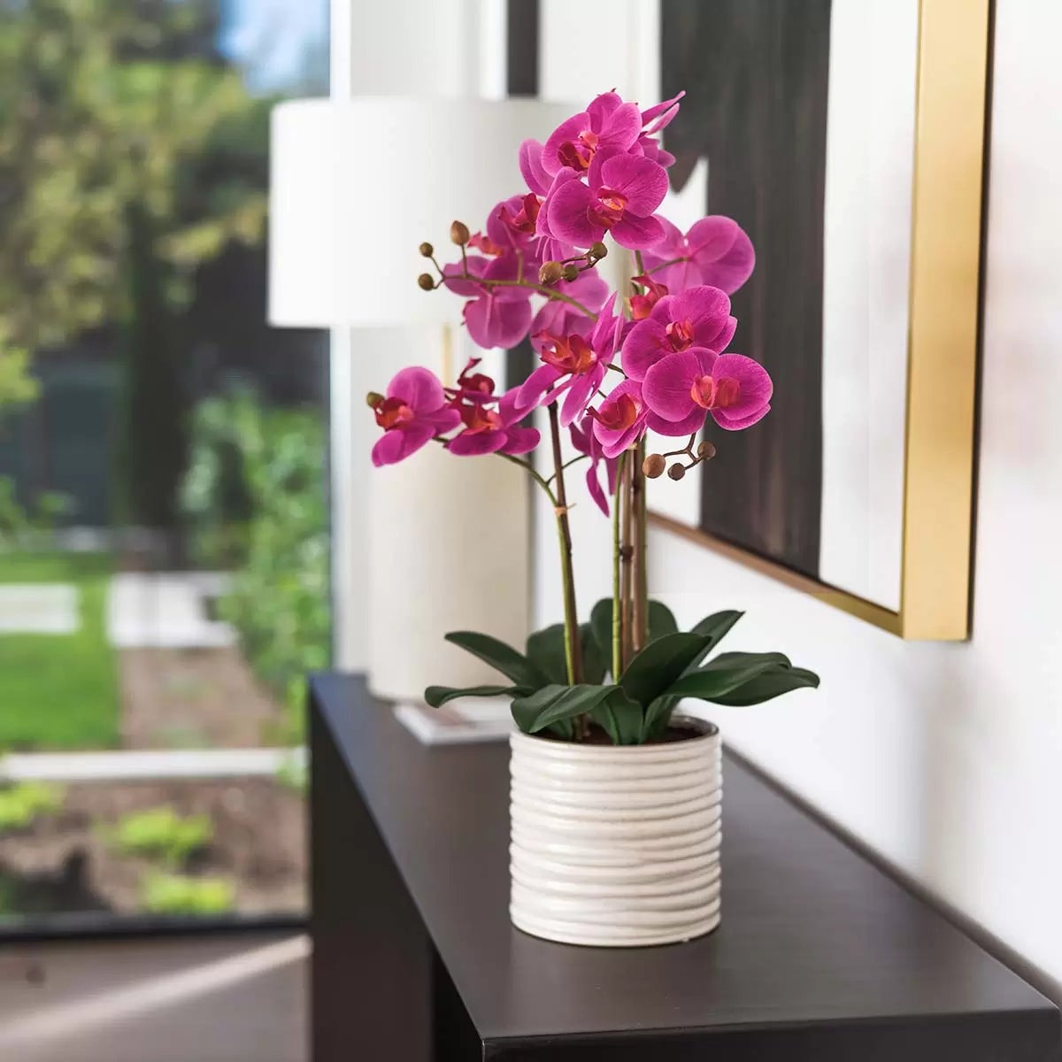 Artificial Orchid in Ribbed Ceramic Pot, view 6